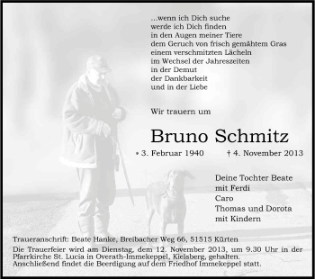 Anzeige von Bruno Schmitz von Kölner Stadt-Anzeiger / Kölnische Rundschau / Express