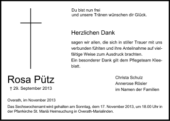 Anzeige von Rosa Pütz von Kölner Stadt-Anzeiger / Kölnische Rundschau / Express