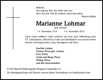 Anzeige von Marianne Lohmar von Kölner Stadt-Anzeiger / Kölnische Rundschau / Express