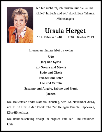 Anzeige von Ursula Herget von Kölner Stadt-Anzeiger / Kölnische Rundschau / Express