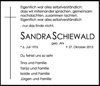 Anzeige von Sandra Schiewald von Kölner Stadt-Anzeiger / Kölnische Rundschau / Express