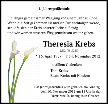 Anzeige von Theresia Krebs von Kölner Stadt-Anzeiger / Kölnische Rundschau / Express