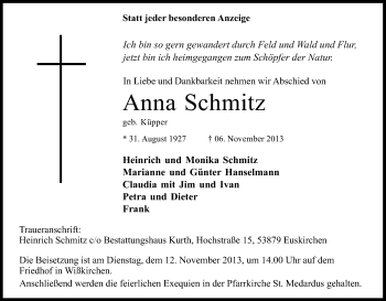 Anzeige von Anna Schmitz von Kölner Stadt-Anzeiger / Kölnische Rundschau / Express