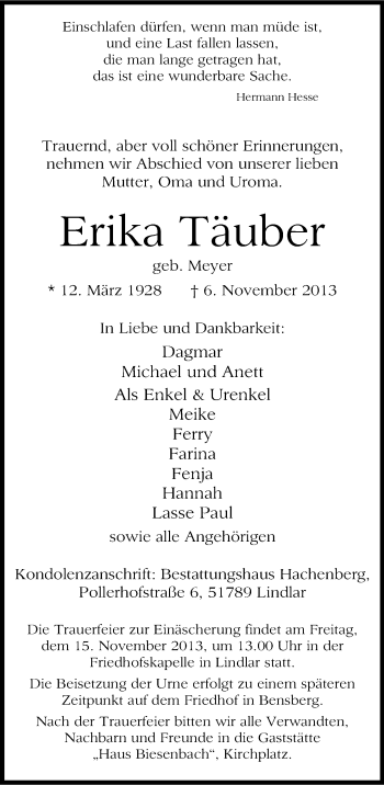 Anzeige von Erika Täuber von Kölner Stadt-Anzeiger / Kölnische Rundschau / Express