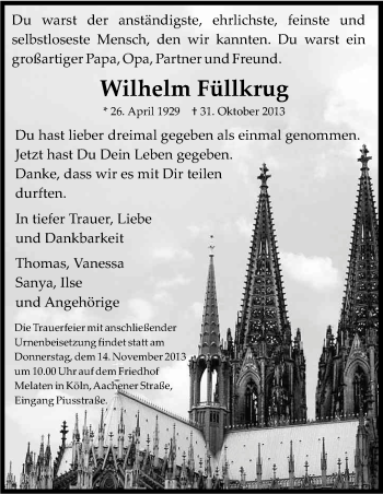 Anzeige von Wilhelm Füllkrug von Kölner Stadt-Anzeiger / Kölnische Rundschau / Express