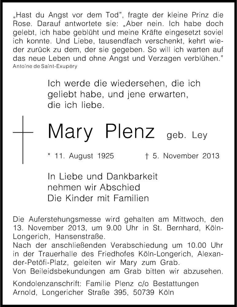  Traueranzeige für Mary Plenz vom 09.11.2013 aus Kölner Stadt-Anzeiger / Kölnische Rundschau / Express