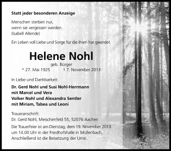 Anzeige von Helene Nohl von Kölner Stadt-Anzeiger / Kölnische Rundschau / Express