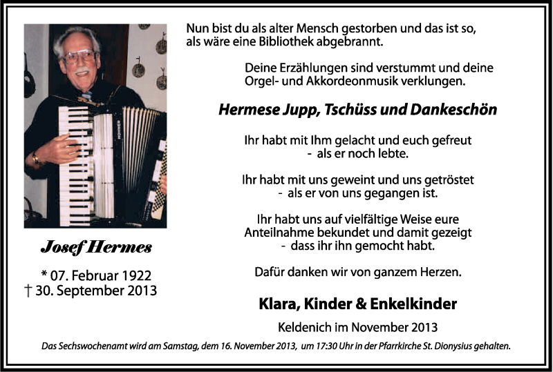  Traueranzeige für Josef Hermes vom 09.11.2013 aus Kölner Stadt-Anzeiger / Kölnische Rundschau / Express
