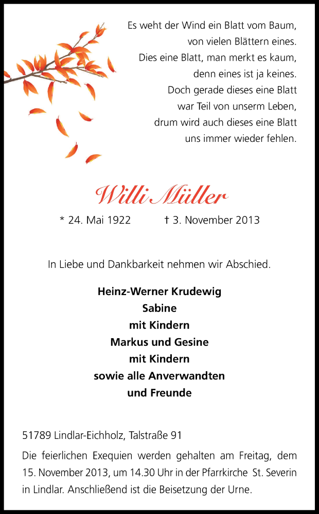  Traueranzeige für Willi Müller vom 09.11.2013 aus Kölner Stadt-Anzeiger / Kölnische Rundschau / Express