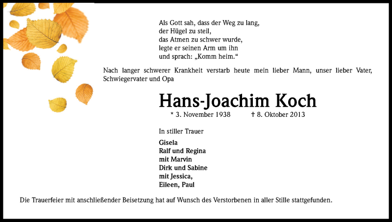  Traueranzeige für Hans-Joachim Koch vom 09.11.2013 aus Kölner Stadt-Anzeiger / Kölnische Rundschau / Express