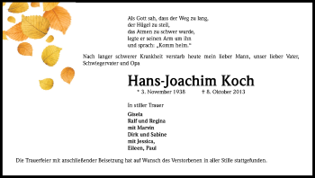 Anzeige von Hans-Joachim Koch von Kölner Stadt-Anzeiger / Kölnische Rundschau / Express