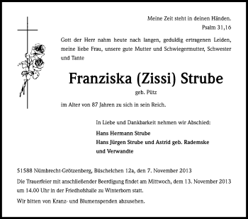 Anzeige von Franziska Strube von Kölner Stadt-Anzeiger / Kölnische Rundschau / Express