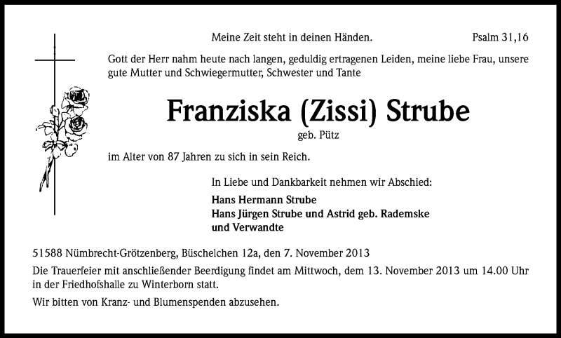  Traueranzeige für Franziska Strube vom 09.11.2013 aus Kölner Stadt-Anzeiger / Kölnische Rundschau / Express