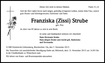 Anzeige von Franziska Strube von Kölner Stadt-Anzeiger / Kölnische Rundschau / Express