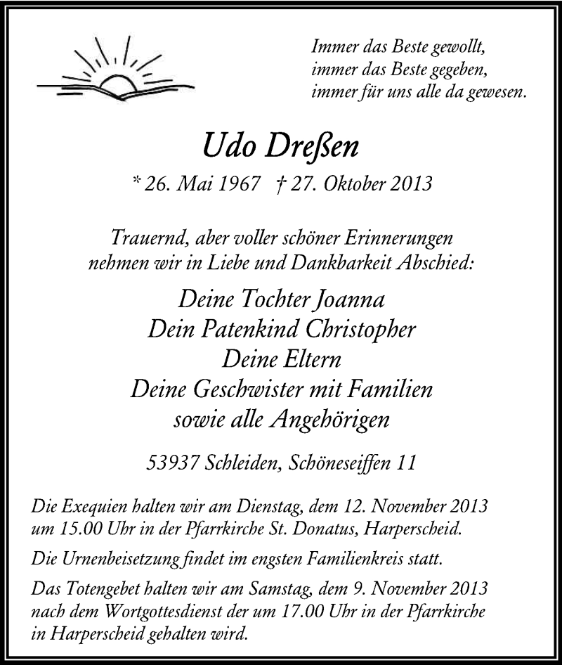 Traueranzeige für Udo Dreßen vom 09.11.2013 aus Kölner Stadt-Anzeiger / Kölnische Rundschau / Express
