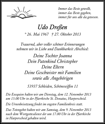Anzeige von Udo Dreßen von Kölner Stadt-Anzeiger / Kölnische Rundschau / Express