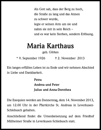 Anzeige von Maria Karhaus von Kölner Stadt-Anzeiger / Kölnische Rundschau / Express