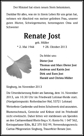 Anzeige von Renate Jost von Kölner Stadt-Anzeiger / Kölnische Rundschau / Express