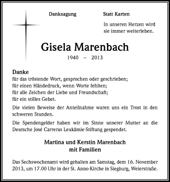Anzeige von Gisela Marenbach von Kölner Stadt-Anzeiger / Kölnische Rundschau / Express