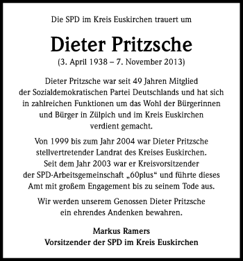 Anzeige von Dieter Pritzsche von Kölner Stadt-Anzeiger / Kölnische Rundschau / Express