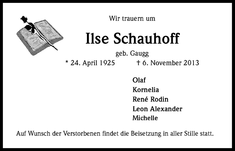  Traueranzeige für Ilse Schauhoff vom 09.11.2013 aus Kölner Stadt-Anzeiger / Kölnische Rundschau / Express