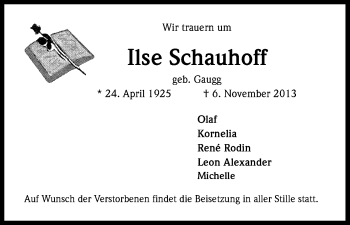 Anzeige von Ilse Schauhoff von Kölner Stadt-Anzeiger / Kölnische Rundschau / Express