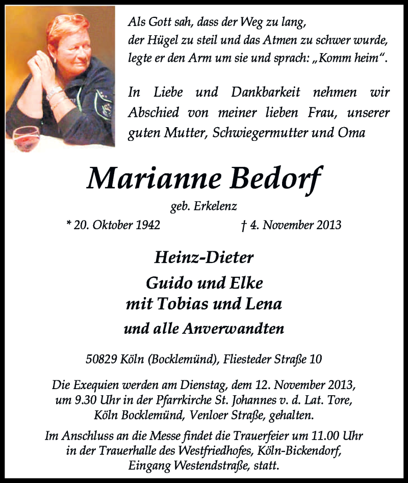  Traueranzeige für Marianne Bedorf vom 09.11.2013 aus Kölner Stadt-Anzeiger / Kölnische Rundschau / Express
