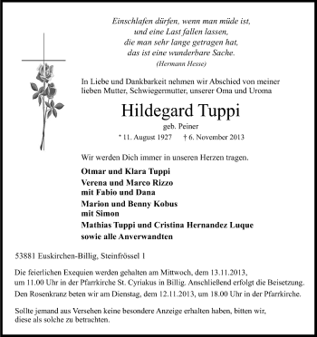 Anzeige von Hildegard Tuppi von Kölner Stadt-Anzeiger / Kölnische Rundschau / Express
