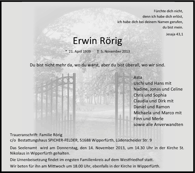  Traueranzeige für Erwin Rörig vom 09.11.2013 aus Kölner Stadt-Anzeiger / Kölnische Rundschau / Express