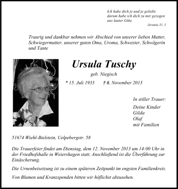 Anzeige von Ursula Tuschy von Kölner Stadt-Anzeiger / Kölnische Rundschau / Express