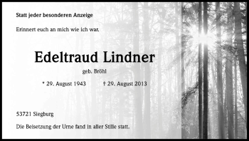 Anzeige von Edeltraud Lindner von Kölner Stadt-Anzeiger / Kölnische Rundschau / Express