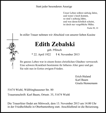 Anzeige von Edith Zebalski von Kölner Stadt-Anzeiger / Kölnische Rundschau / Express