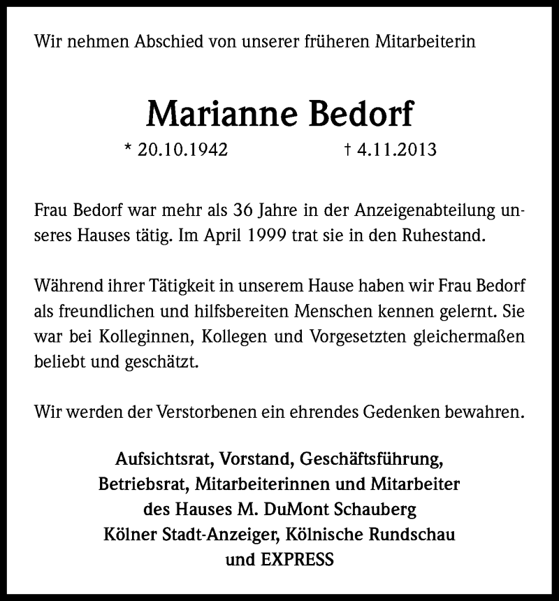  Traueranzeige für Marianne Bedorf vom 09.11.2013 aus Kölner Stadt-Anzeiger / Kölnische Rundschau / Express