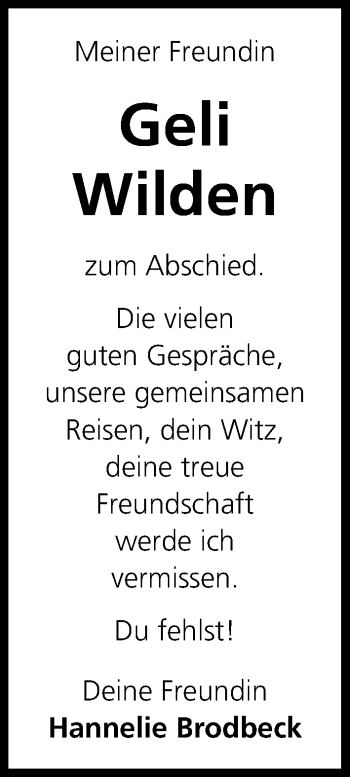 Anzeige von Geli Wilden von Kölner Stadt-Anzeiger / Kölnische Rundschau / Express
