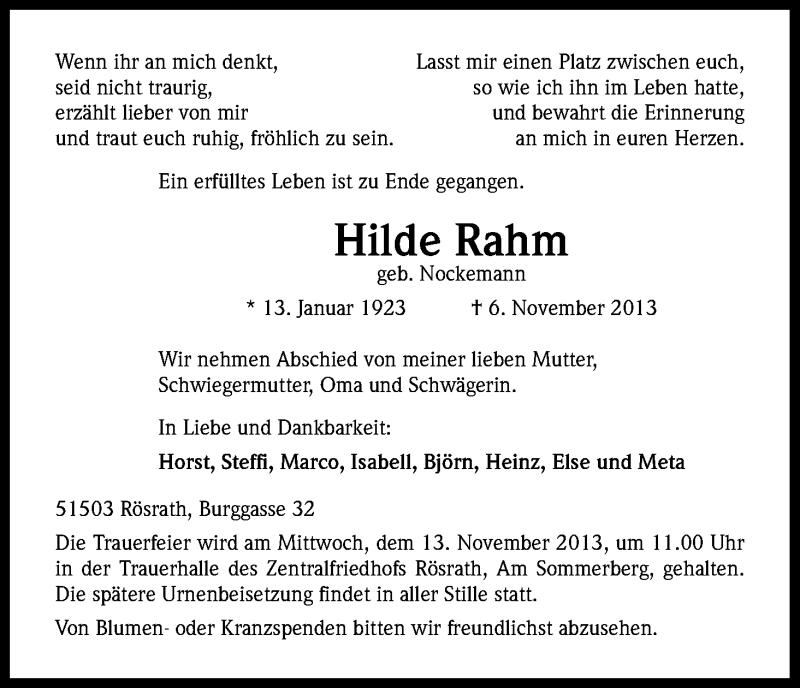  Traueranzeige für Hilde Rahm vom 09.11.2013 aus Kölner Stadt-Anzeiger / Kölnische Rundschau / Express
