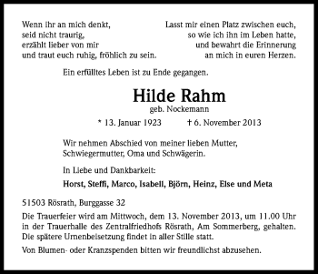 Anzeige von Hilde Rahm von Kölner Stadt-Anzeiger / Kölnische Rundschau / Express