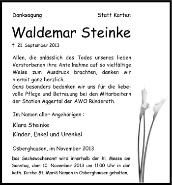 Anzeige von Waldemar Steinke von Kölner Stadt-Anzeiger / Kölnische Rundschau / Express