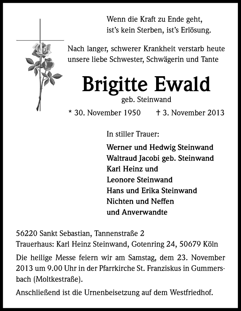  Traueranzeige für Brigitte Ewald vom 16.11.2013 aus Kölner Stadt-Anzeiger / Kölnische Rundschau / Express