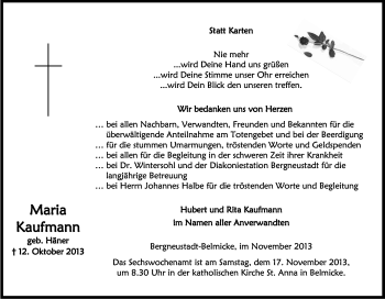 Anzeige von Maria Kaufmann von Kölner Stadt-Anzeiger / Kölnische Rundschau / Express