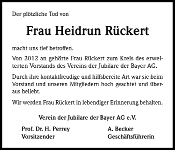 Anzeige von Heidrun Rückert von Kölner Stadt-Anzeiger / Kölnische Rundschau / Express