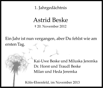 Anzeige von Astrid Beske von Kölner Stadt-Anzeiger / Kölnische Rundschau / Express