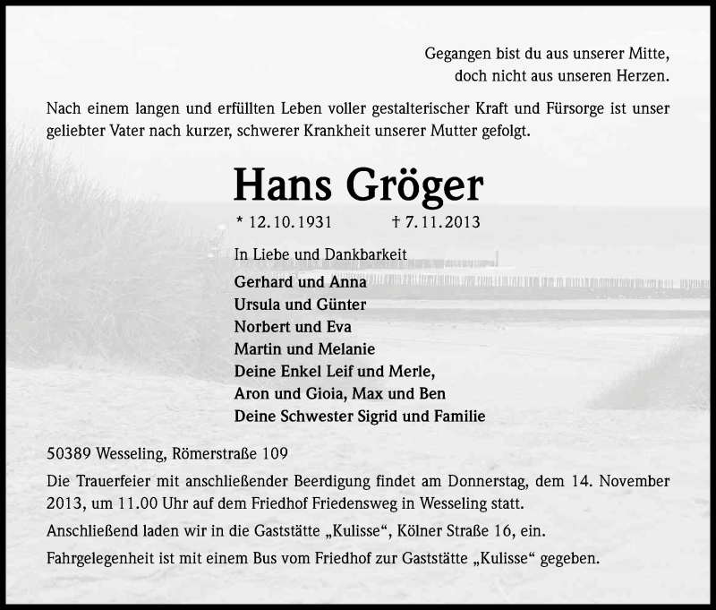  Traueranzeige für Hans Gröger vom 12.11.2013 aus Kölner Stadt-Anzeiger / Kölnische Rundschau / Express