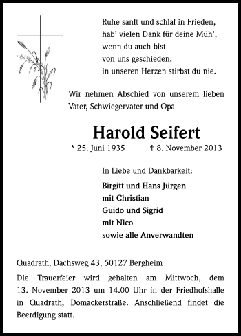 Anzeige von Harold Seifert von Kölner Stadt-Anzeiger / Kölnische Rundschau / Express