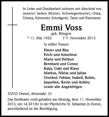 Anzeige von Emmi Voss von Kölner Stadt-Anzeiger / Kölnische Rundschau / Express