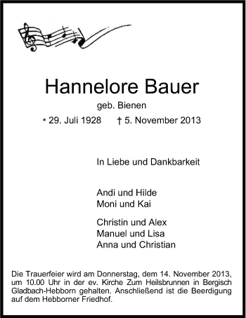 Anzeige von Hannelore Bauer von Kölner Stadt-Anzeiger / Kölnische Rundschau / Express