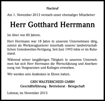 Anzeige von Gotthard Herrmann von Kölner Stadt-Anzeiger / Kölnische Rundschau / Express