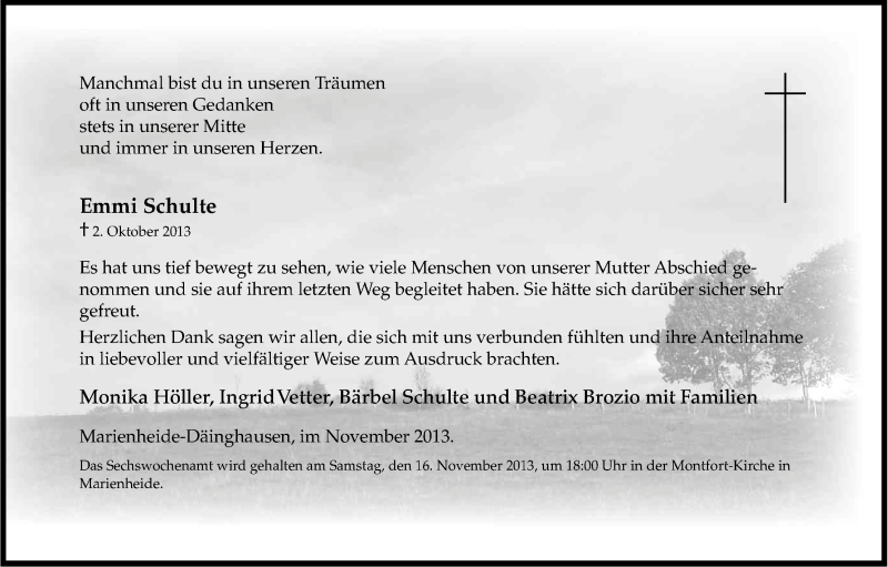  Traueranzeige für Emmi Schulte vom 11.11.2013 aus Kölner Stadt-Anzeiger / Kölnische Rundschau / Express