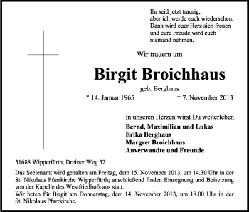 Anzeige von Birgit Broichhaus von Kölner Stadt-Anzeiger / Kölnische Rundschau / Express