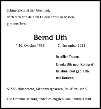 Anzeige von Bernd Uth von Kölner Stadt-Anzeiger / Kölnische Rundschau / Express
