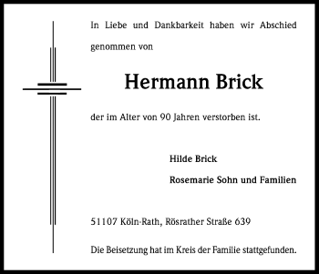 Anzeige von Hermann Brick von Kölner Stadt-Anzeiger / Kölnische Rundschau / Express
